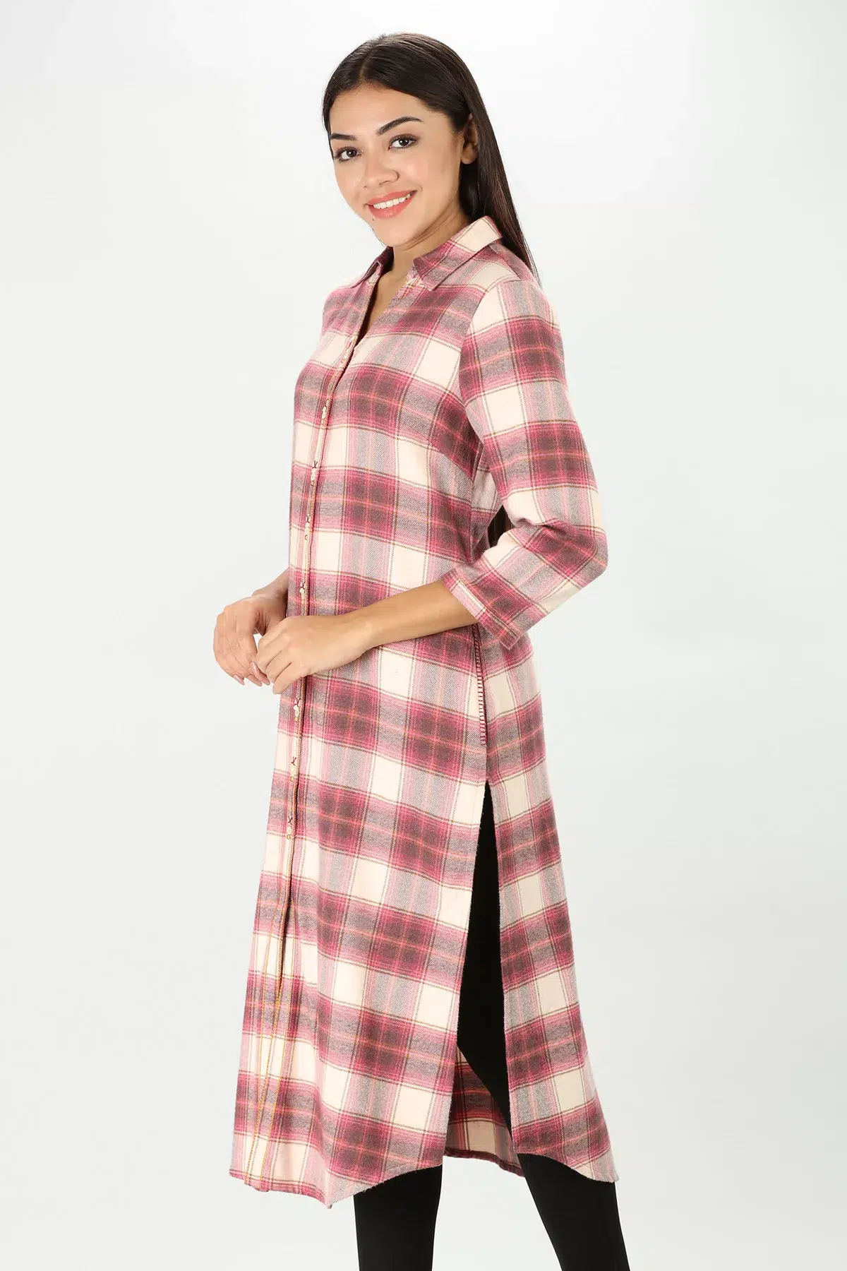 Winter Cream Checks Kurta For Women