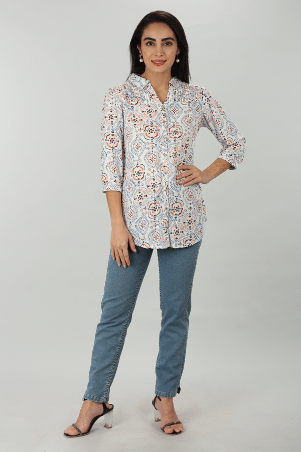 Pintuck Blue Shirt For Ladies
