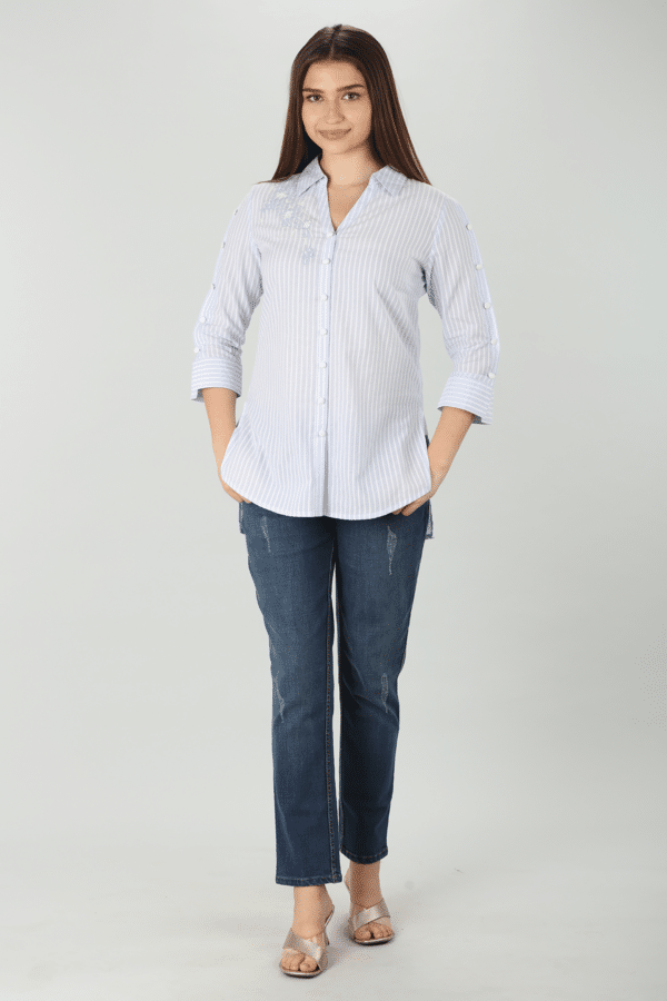 Embroidered Light Blue Shirt For Ladies