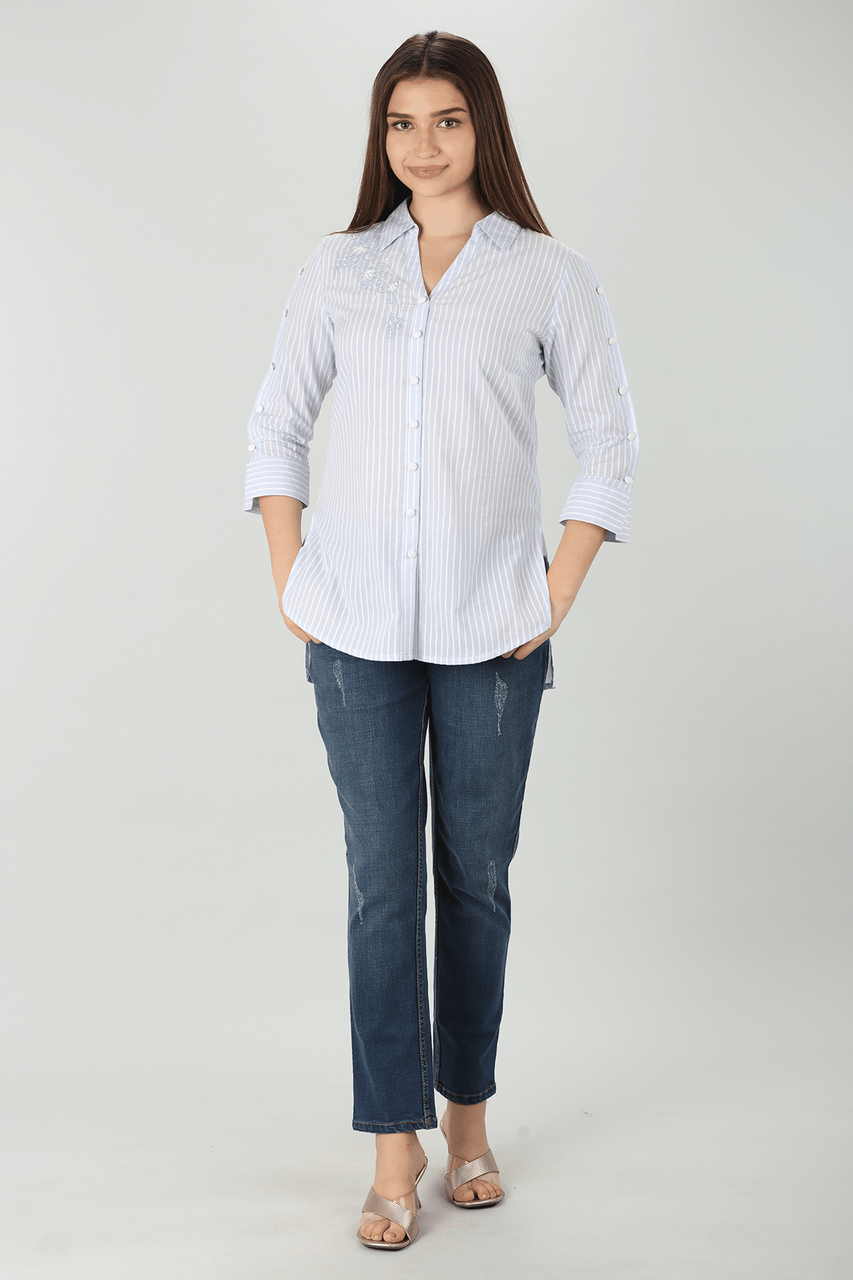 Embroidered Light Blue Shirt For Ladies
