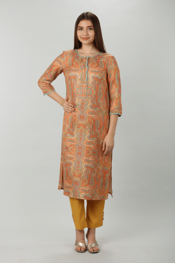 Embroidered Orange Pashmina Kurti For Women
