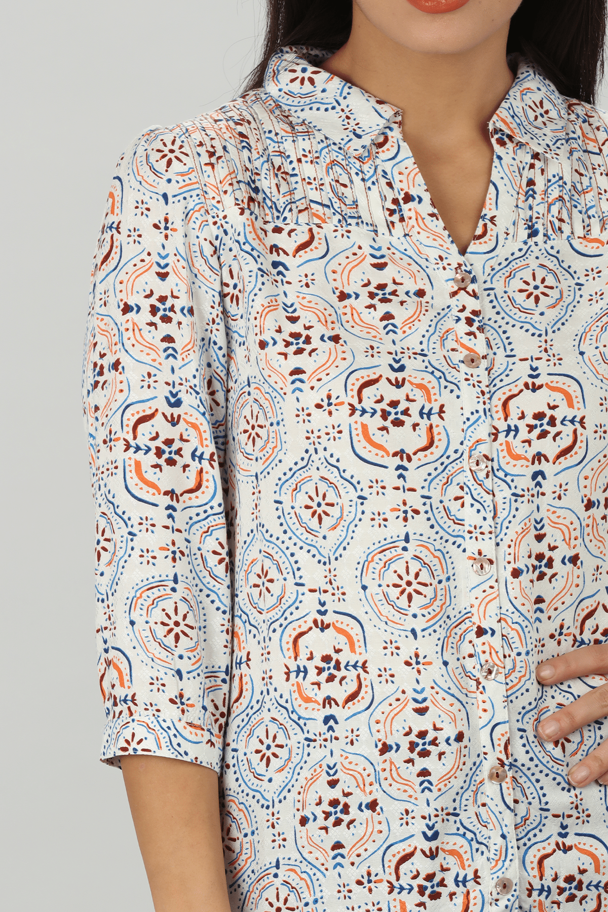 Pintuck Blue Shirt For Ladies