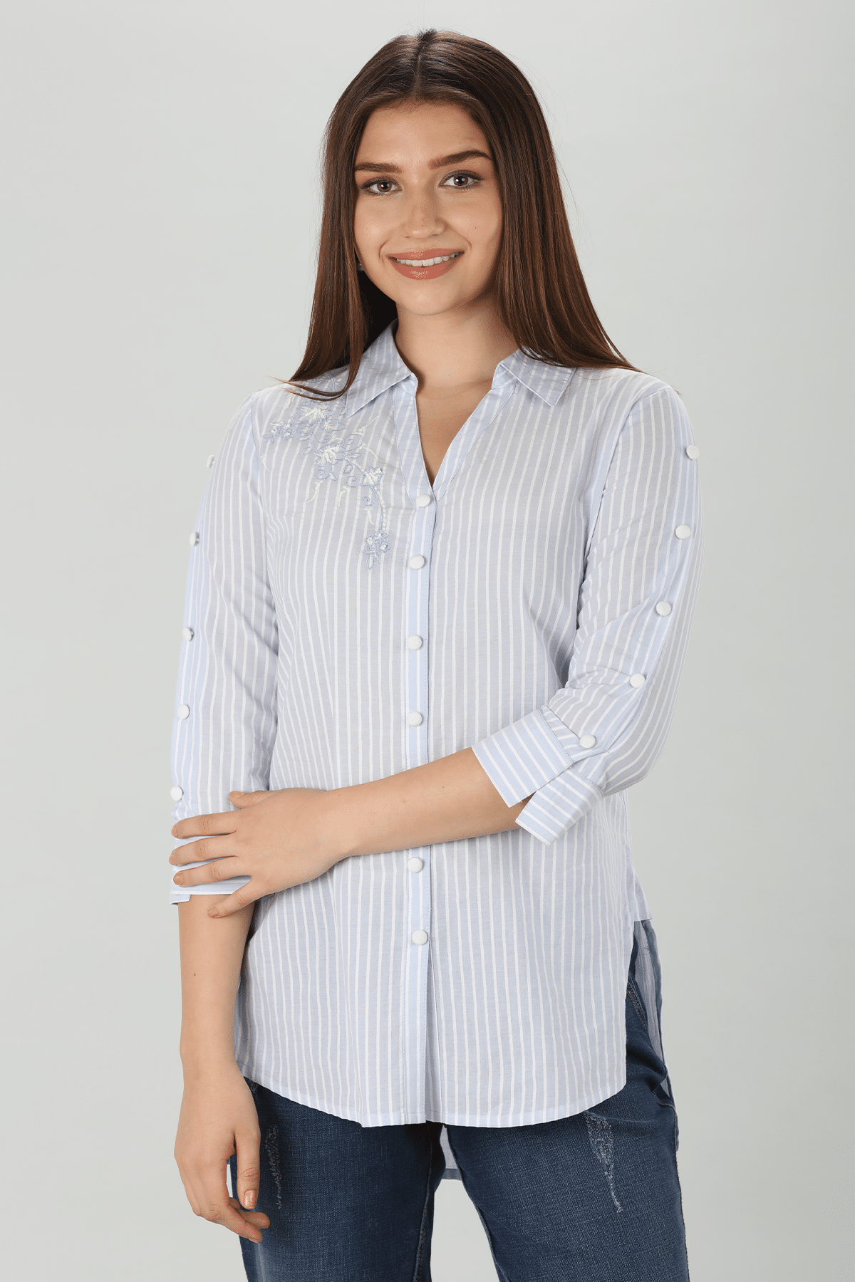 Embroidered Light Blue Shirt For Ladies