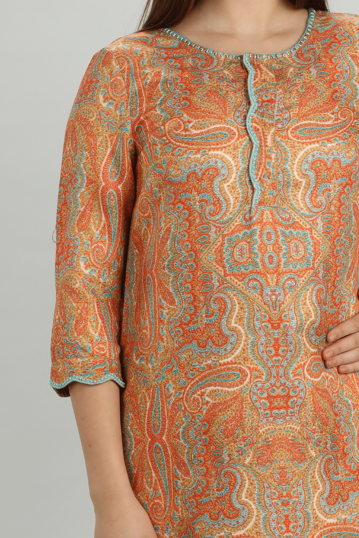 Embroidered Orange Pashmina Kurti For Women