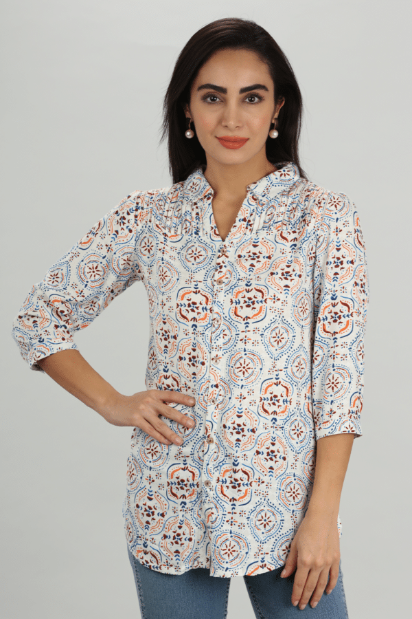 Pintuck Blue Shirt For Ladies
