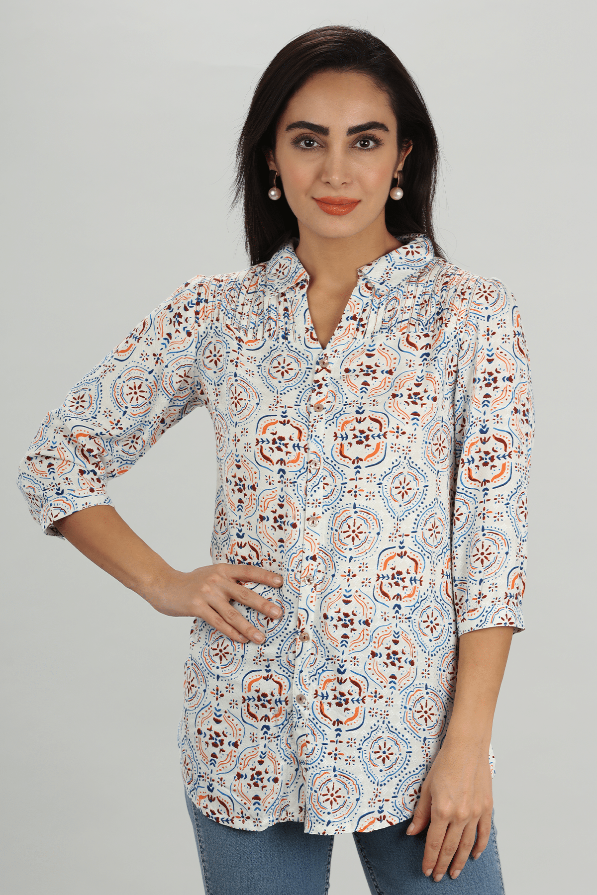Pintuck Blue Shirt For Ladies
