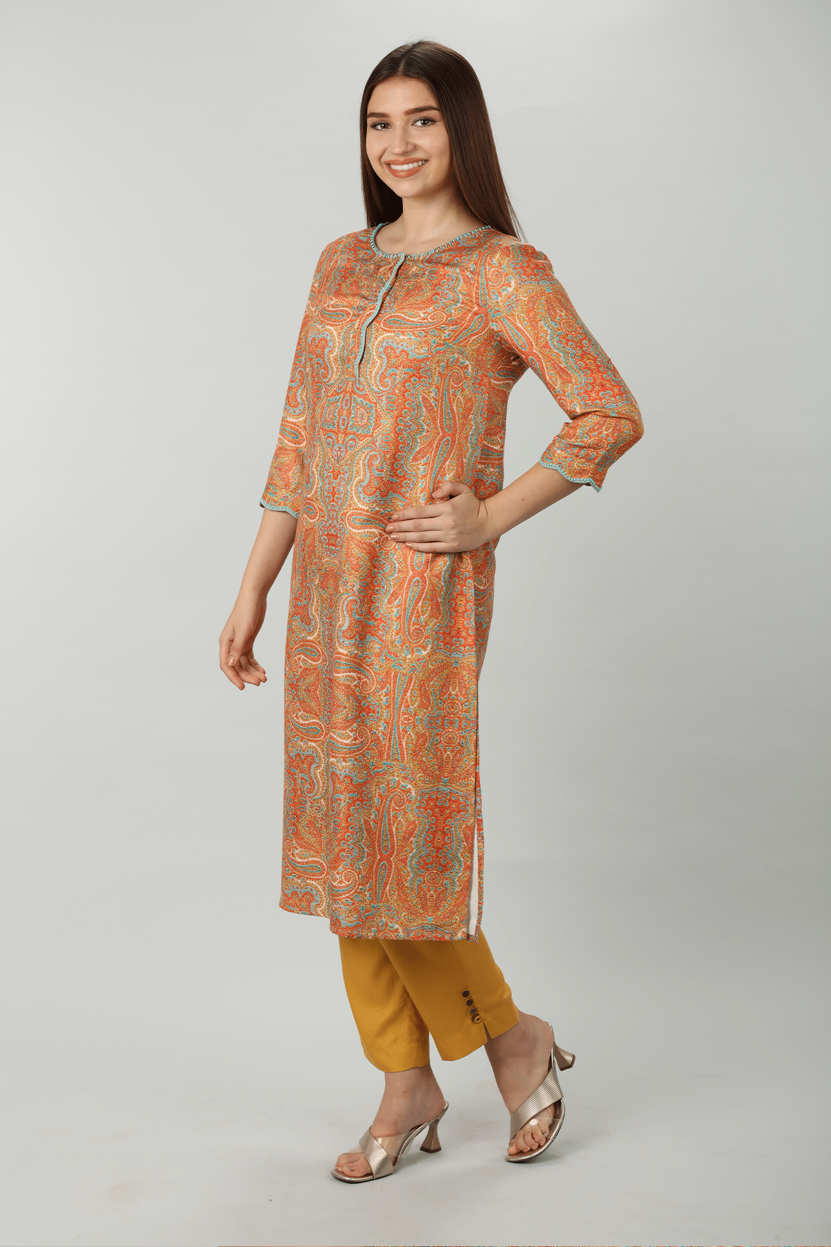 Embroidered Orange Pashmina Kurti For Women