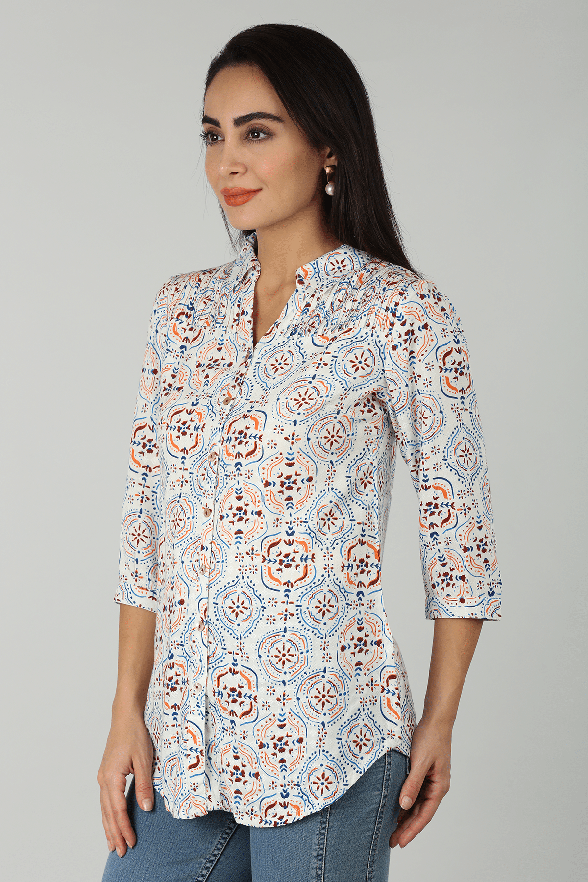 Pintuck Blue Shirt For Ladies