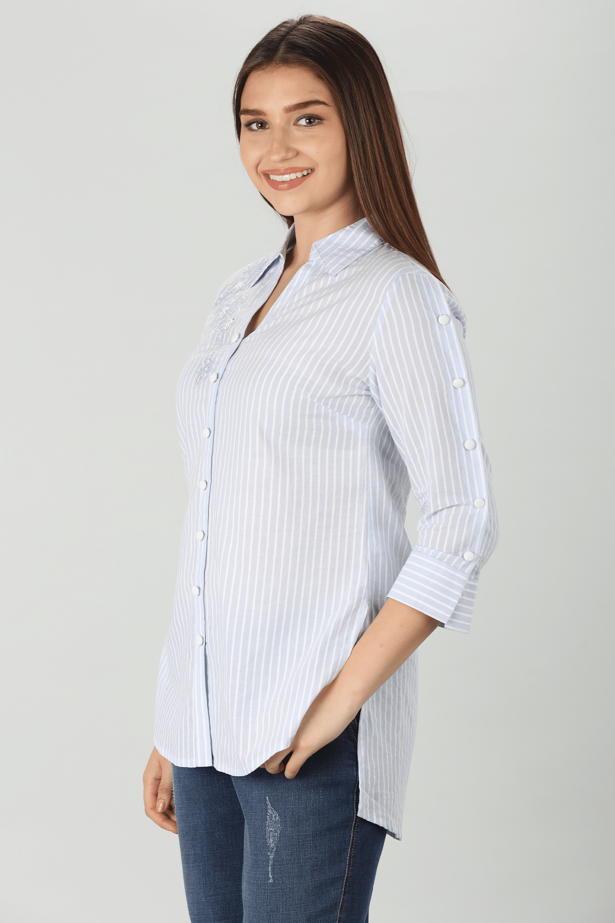 Embroidered Light Blue Shirt For Ladies