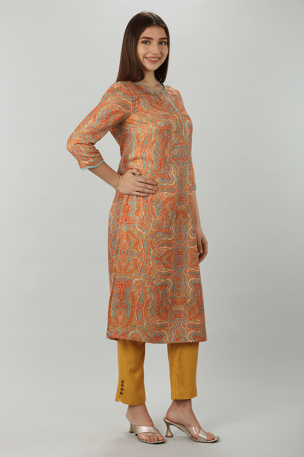 Embroidered Orange Pashmina Kurti For Women