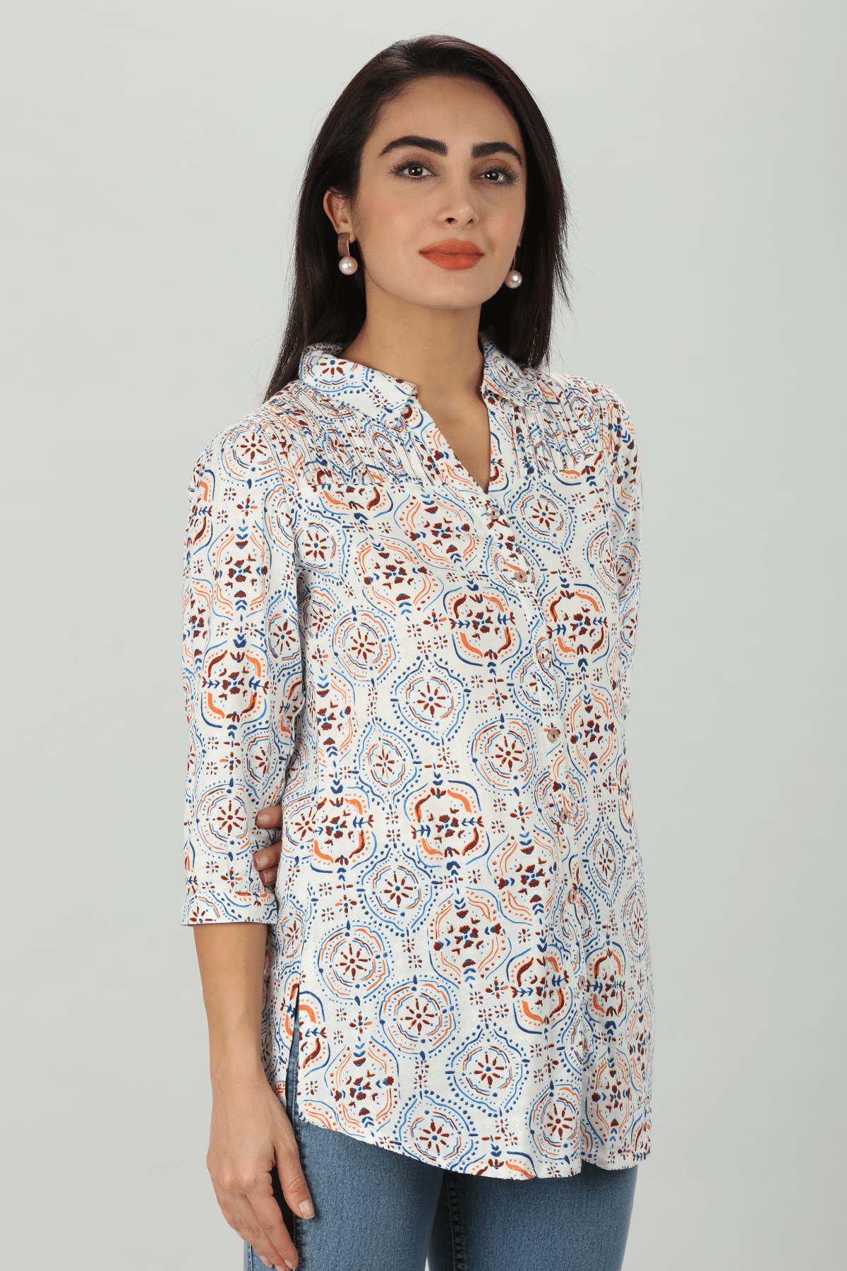 Pintuck Blue Shirt For Ladies