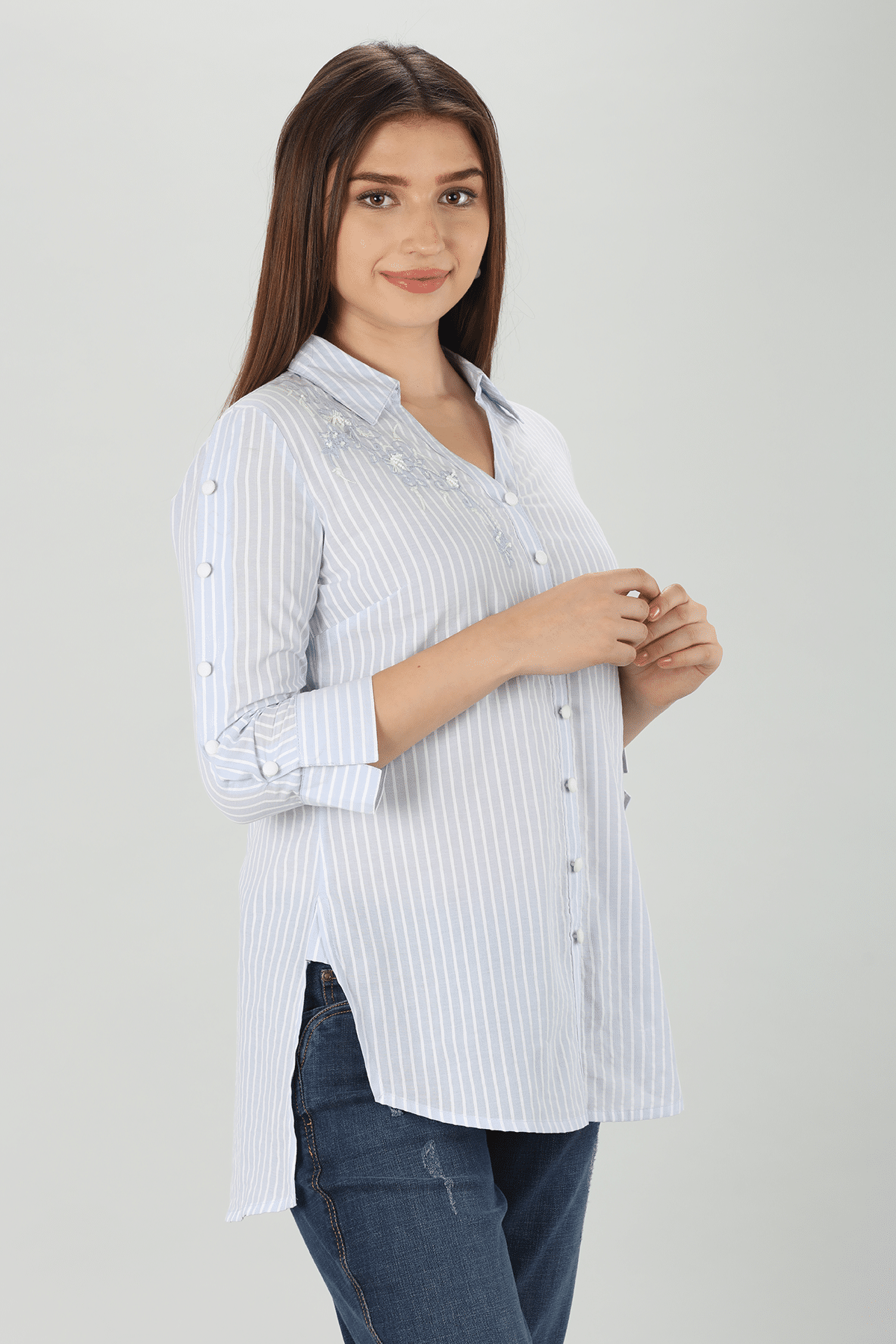 Embroidered Light Blue Shirt For Ladies