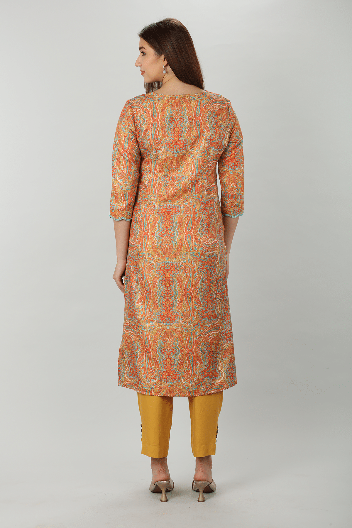 Embroidered Orange Pashmina Kurti For Women