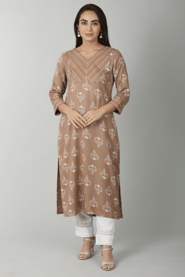Embroidered Beige Color Kurta For Women
