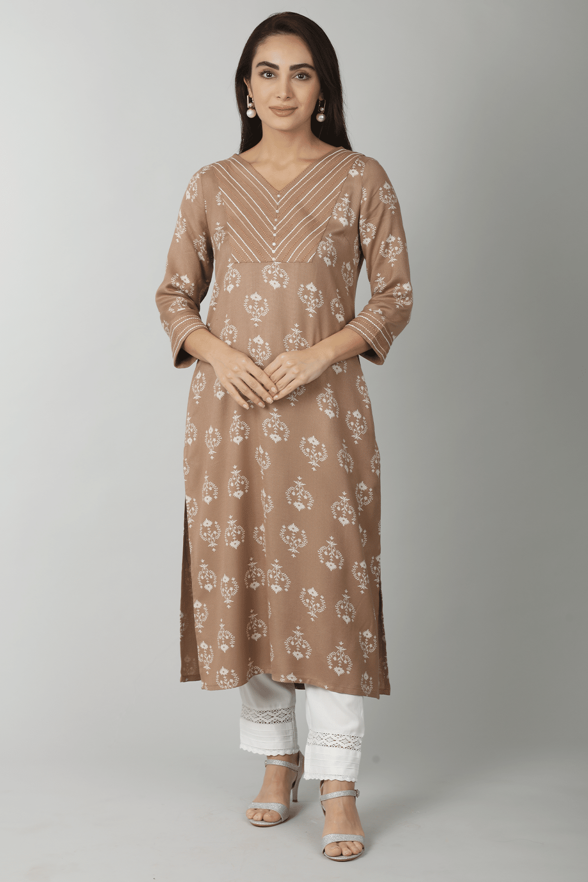 Embroidered Beige Color Kurta For Women