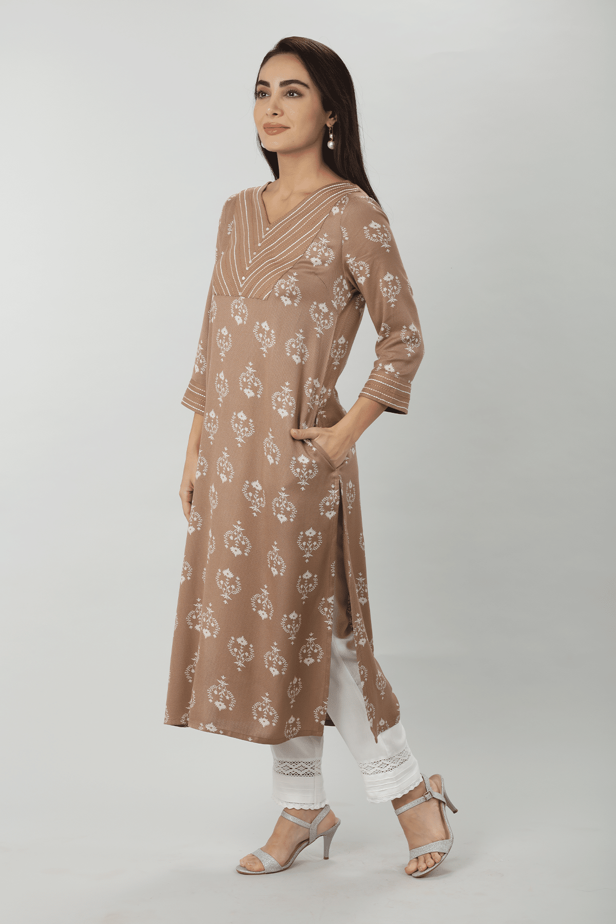Embroidered Beige Color Kurta For Women