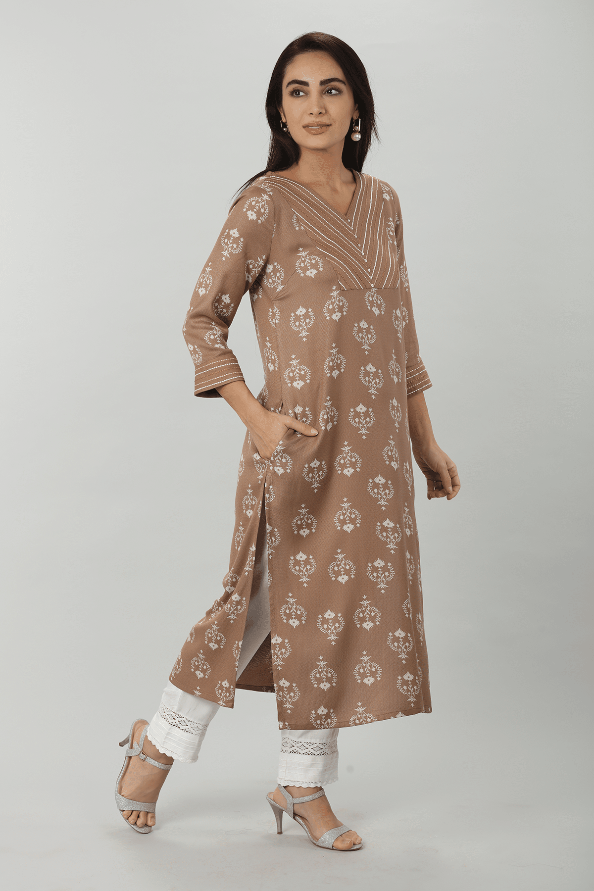 Embroidered Beige Color Kurta For Women