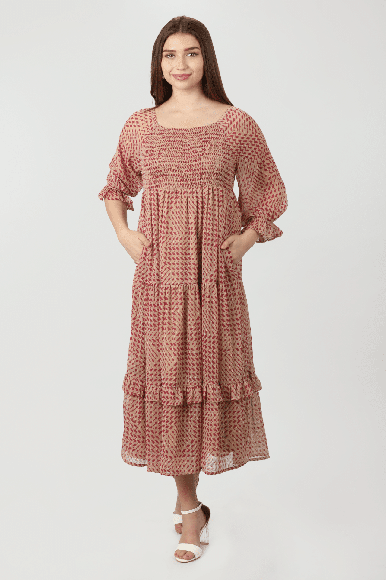 Geometric Printed Peach Dress Women