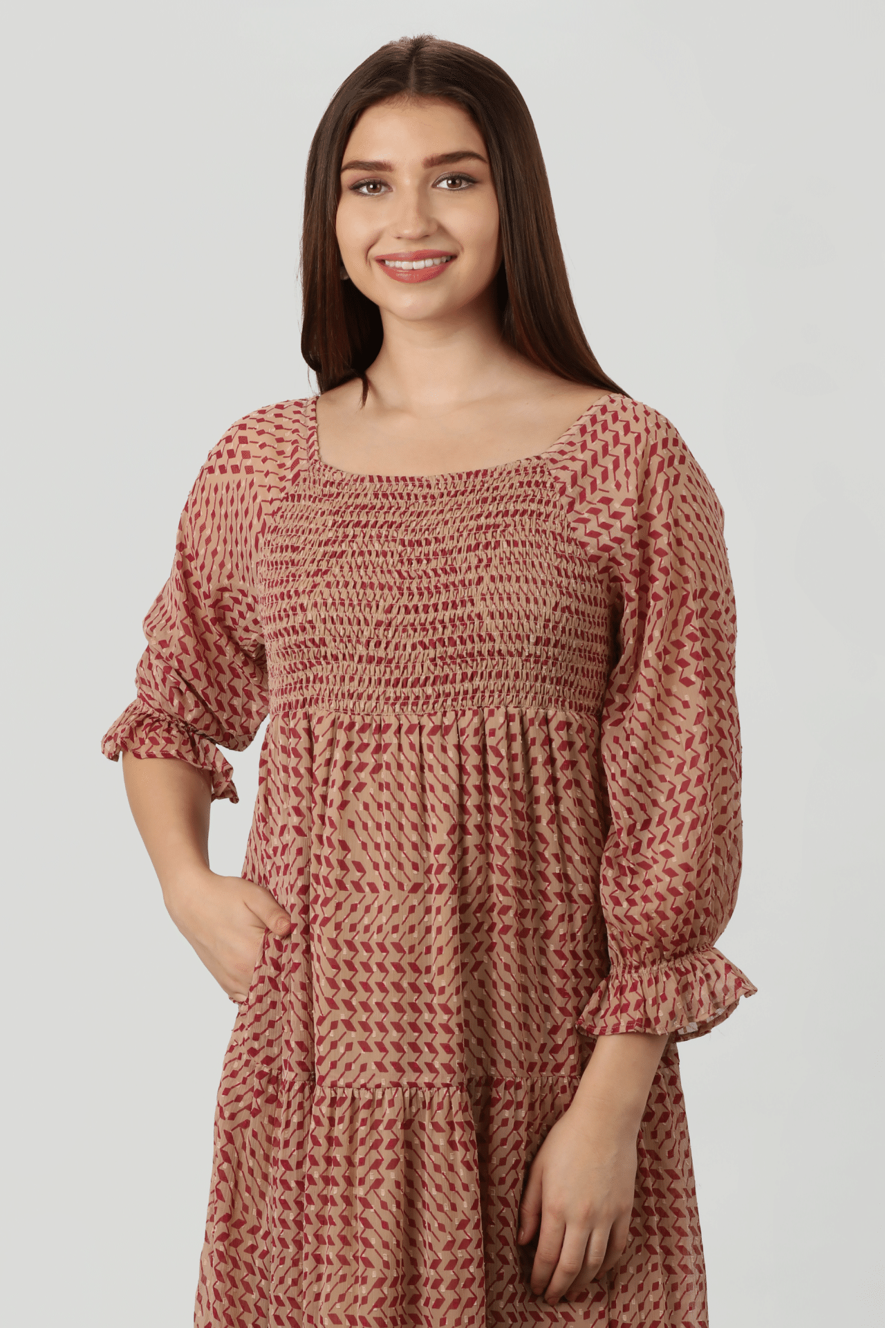 Geometric Printed Peach Dress Women