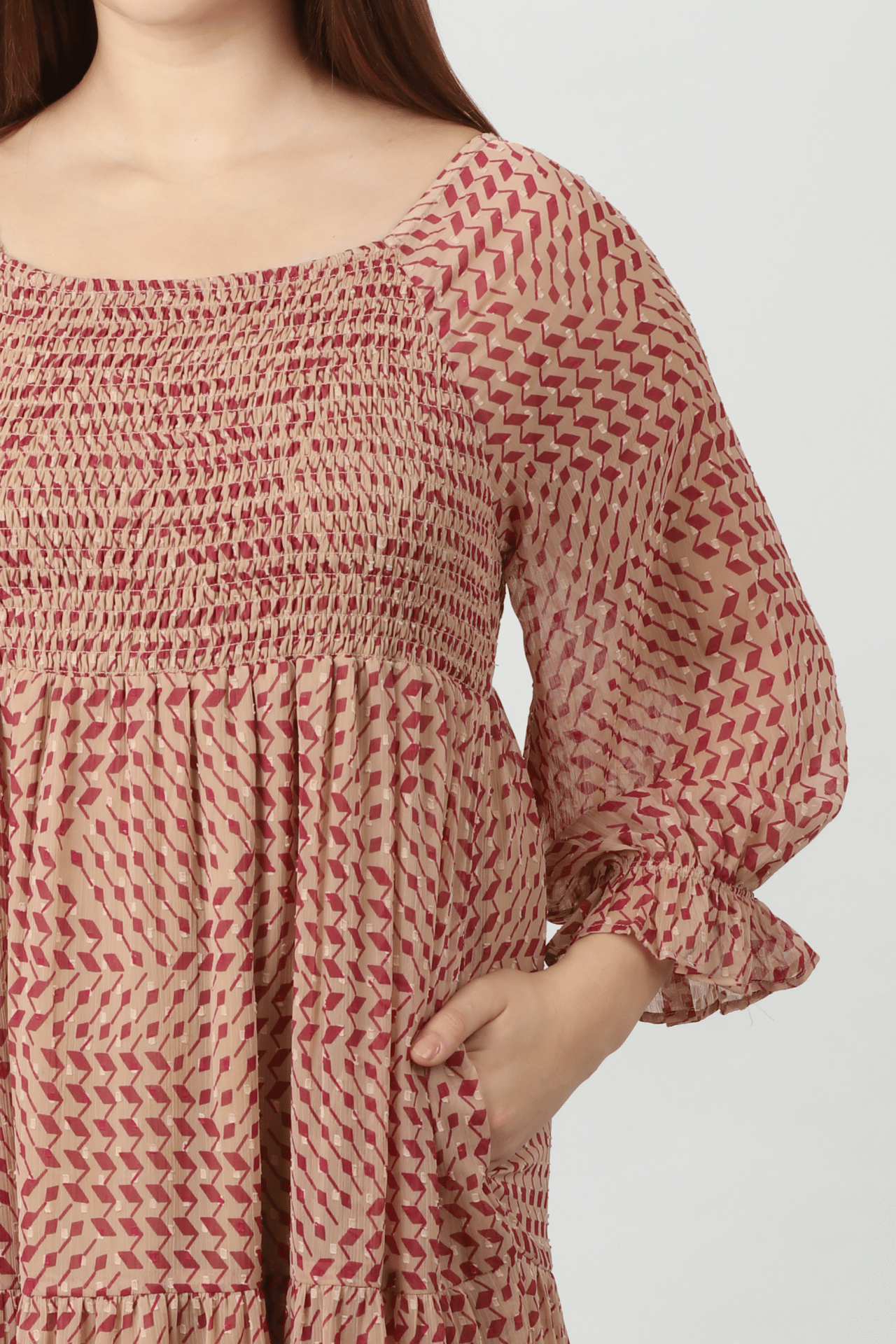 Geometric Printed Peach Dress Women