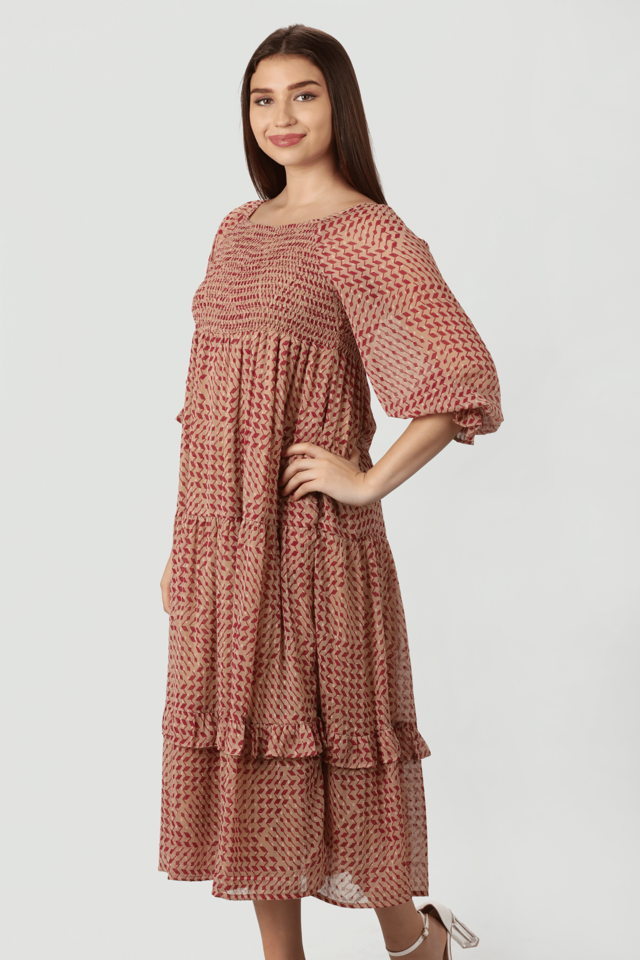 Geometric Printed Peach Dress Women