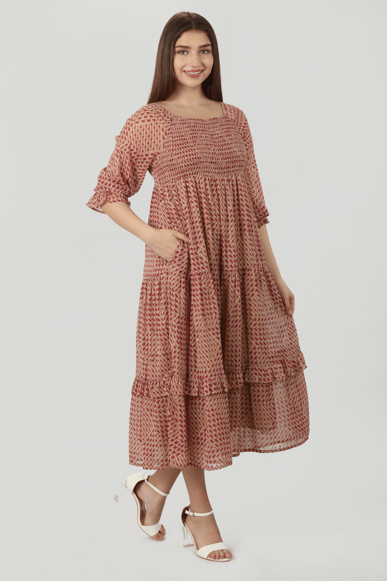 Geometric Printed Peach Dress Women