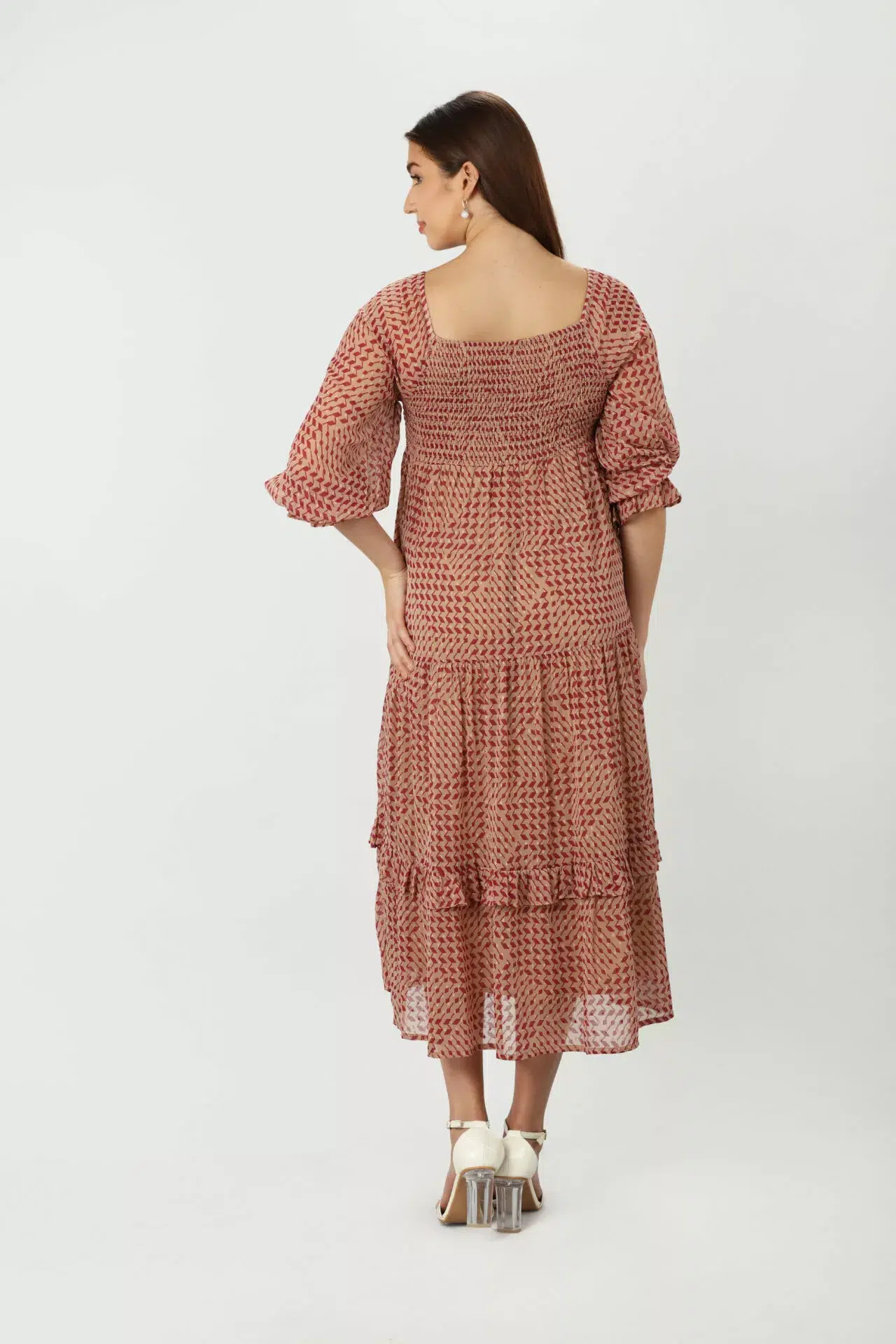Geometric Printed Peach Dress Women