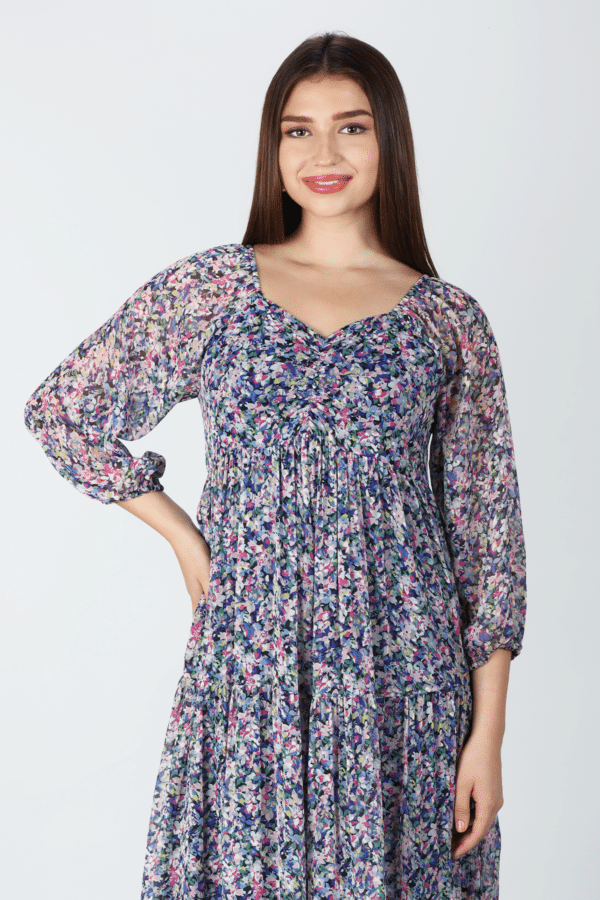 Printed Blue V Neck Dress Maxi For Women