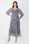 Printed Blue V Neck Dress Maxi For Women