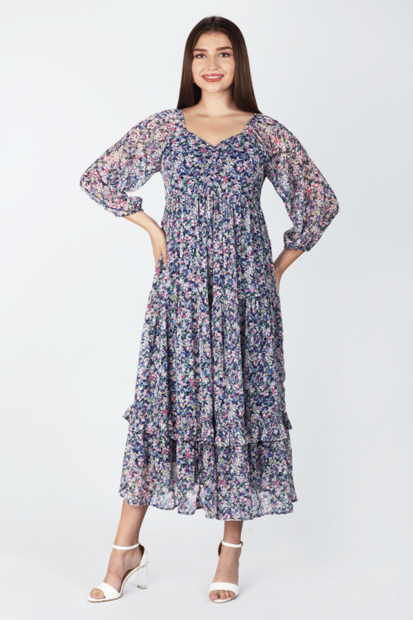 Printed Blue V Neck Dress Maxi For Women