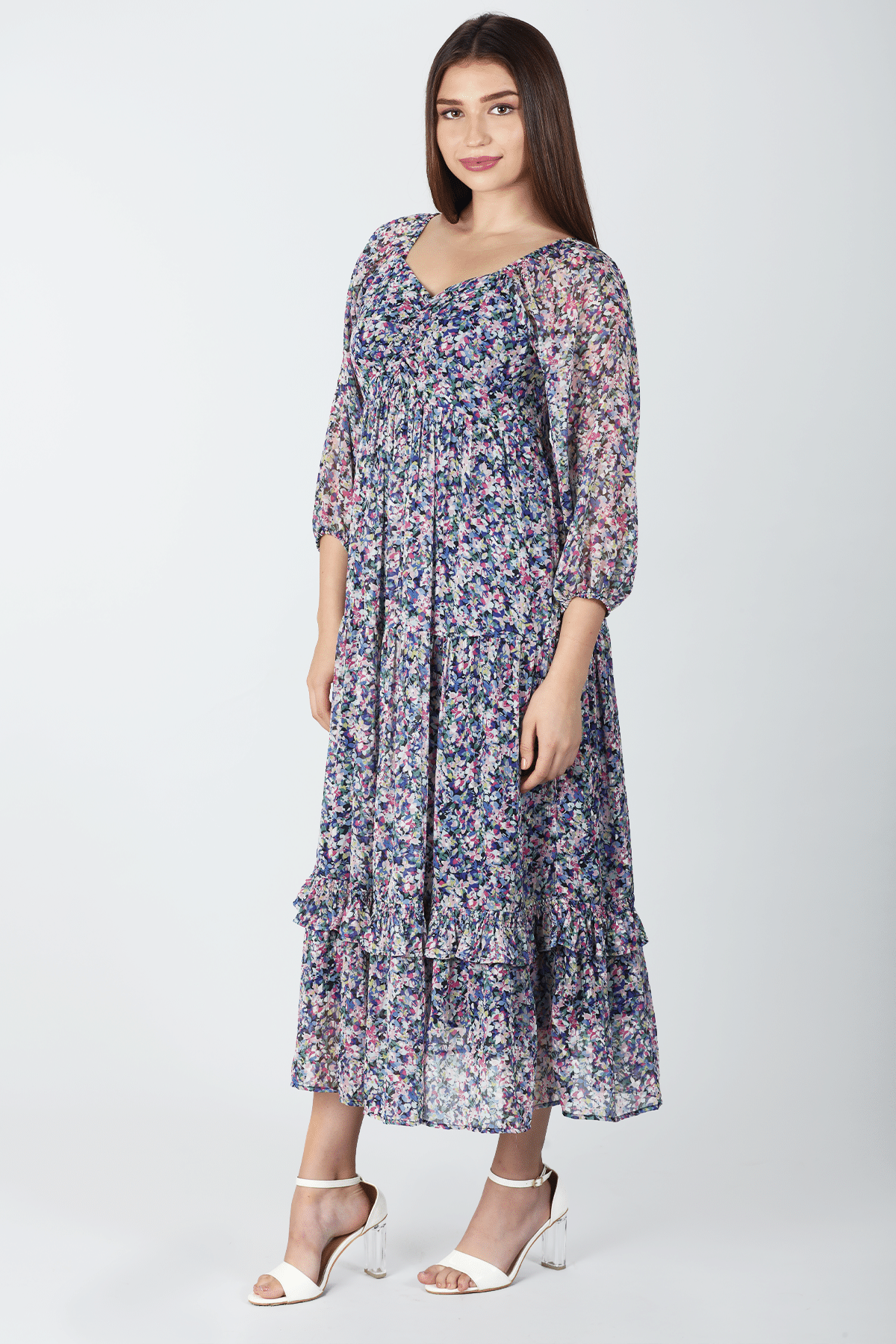 Printed Blue V Neck Dress Maxi For Women