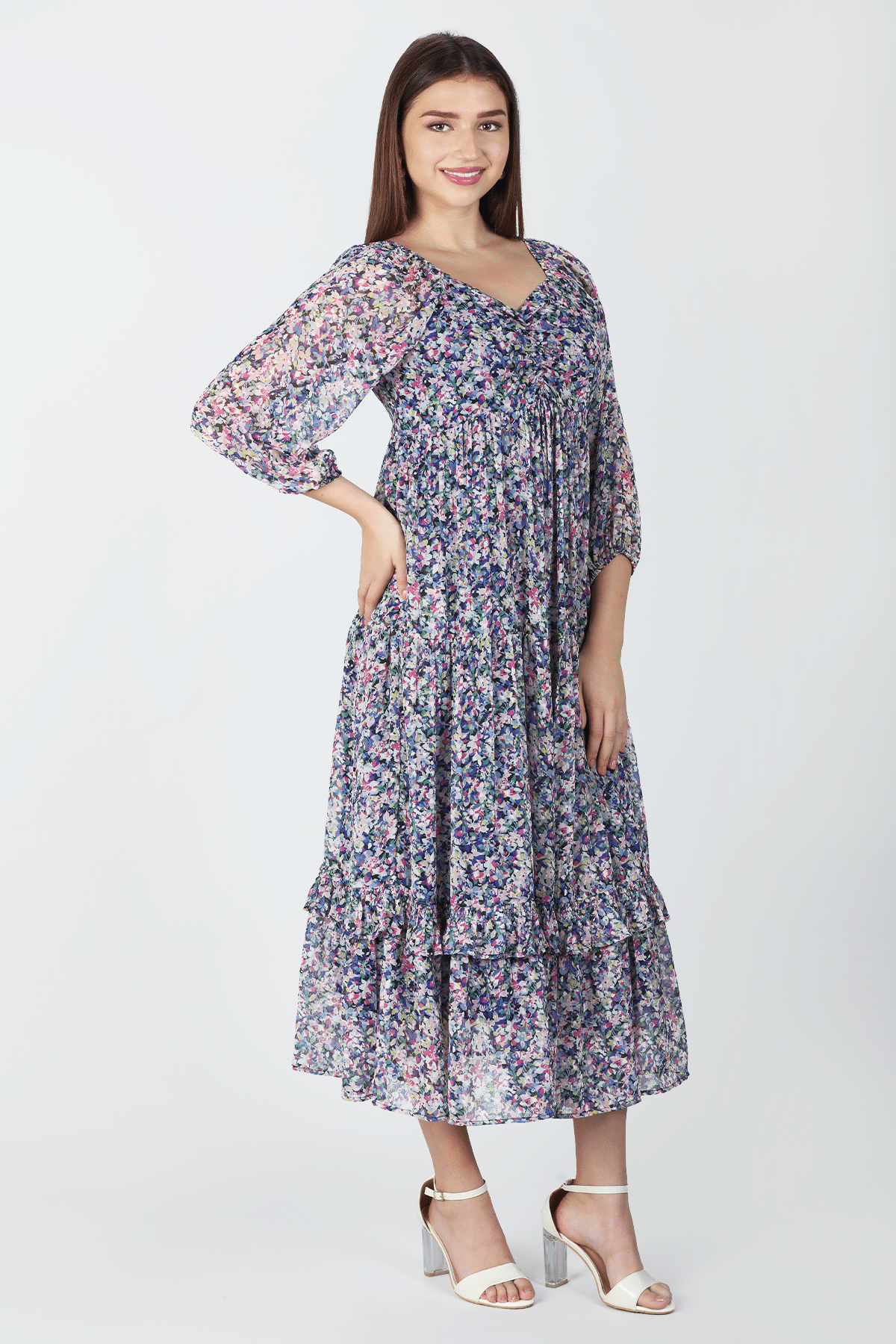 Printed Blue V Neck Dress Maxi For Women