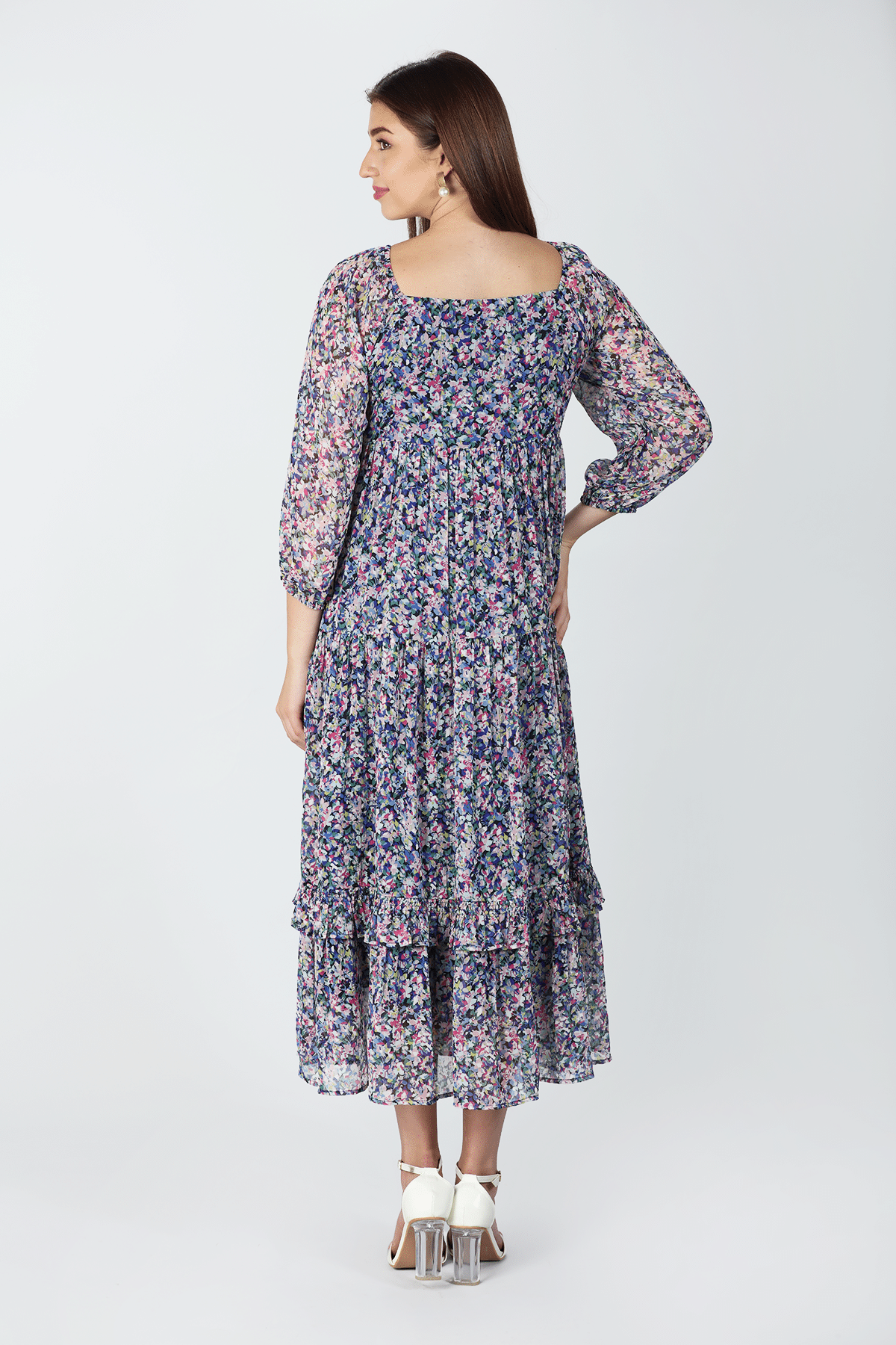 Printed Blue V Neck Dress Maxi For Women