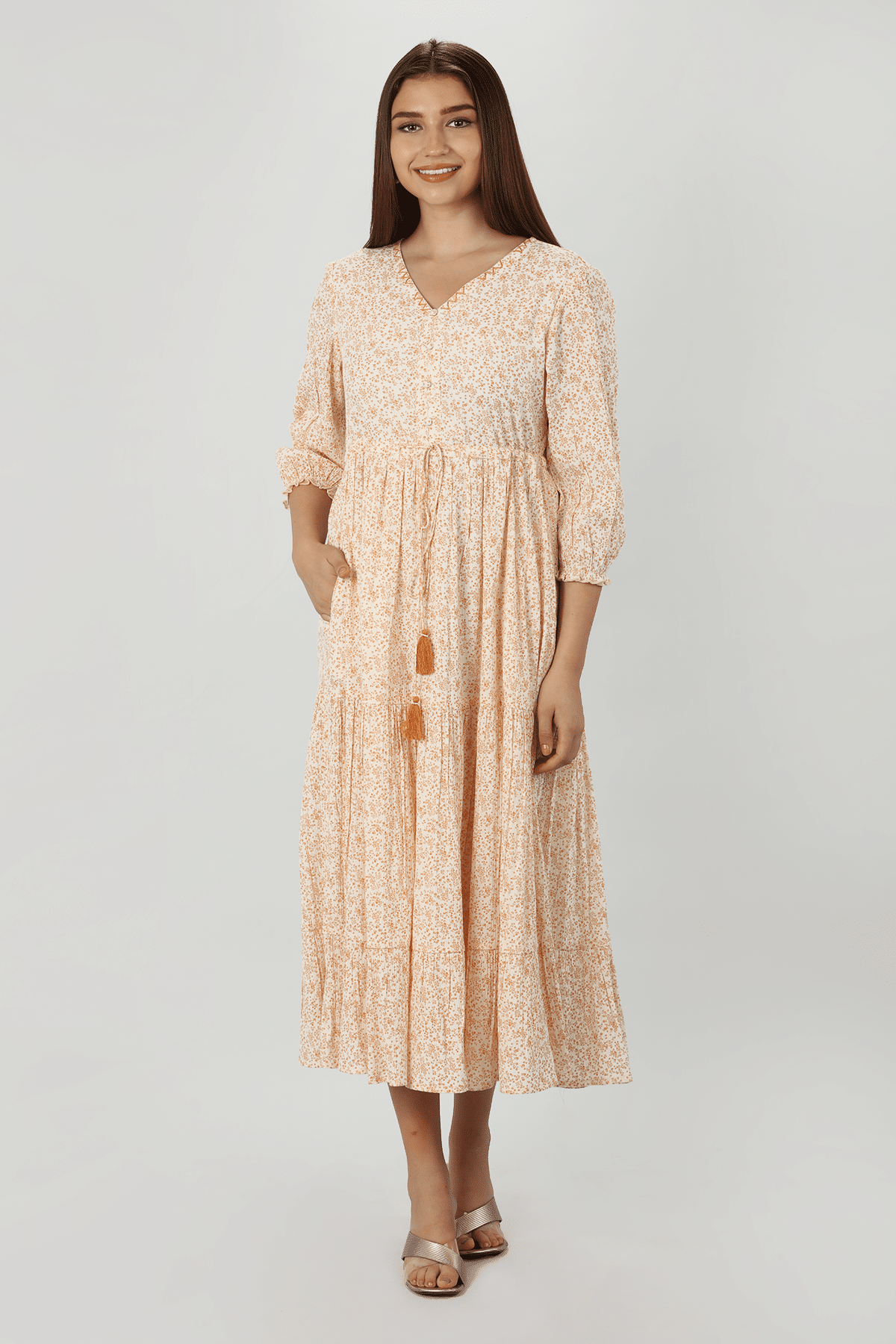 Beige Floral Printed Dress Women