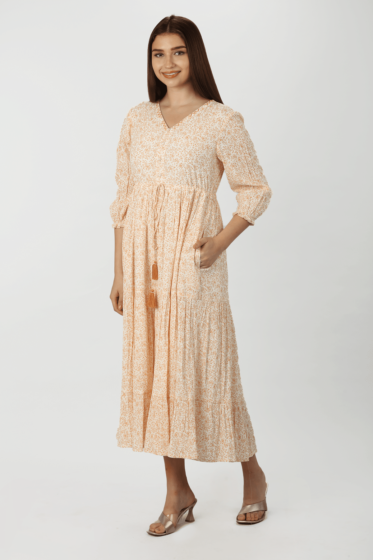 Beige Floral Printed Dress Women