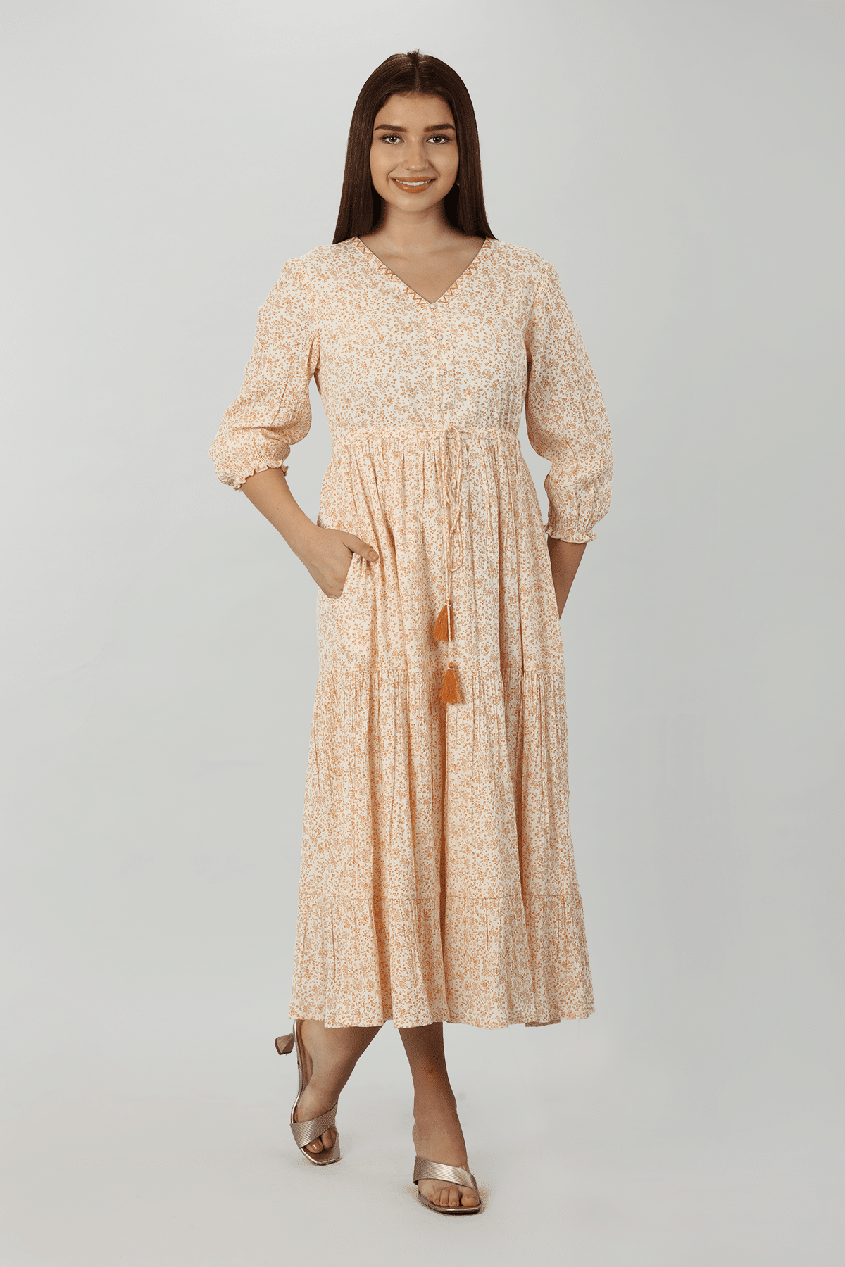 Beige Floral Printed Dress Women