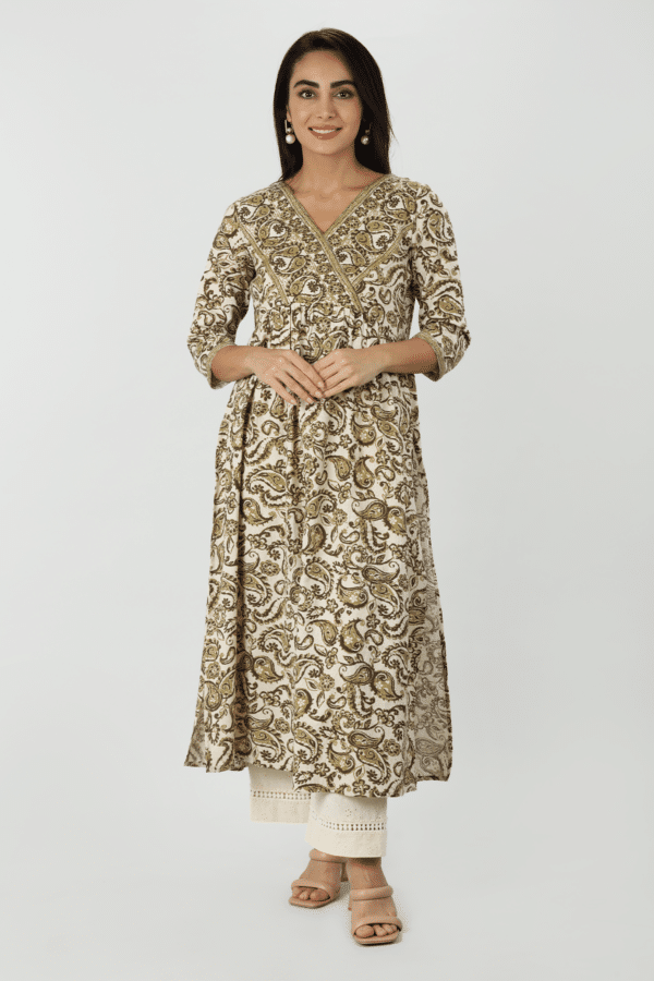 Printed Olive Green Long Cotton Kurta Ladies