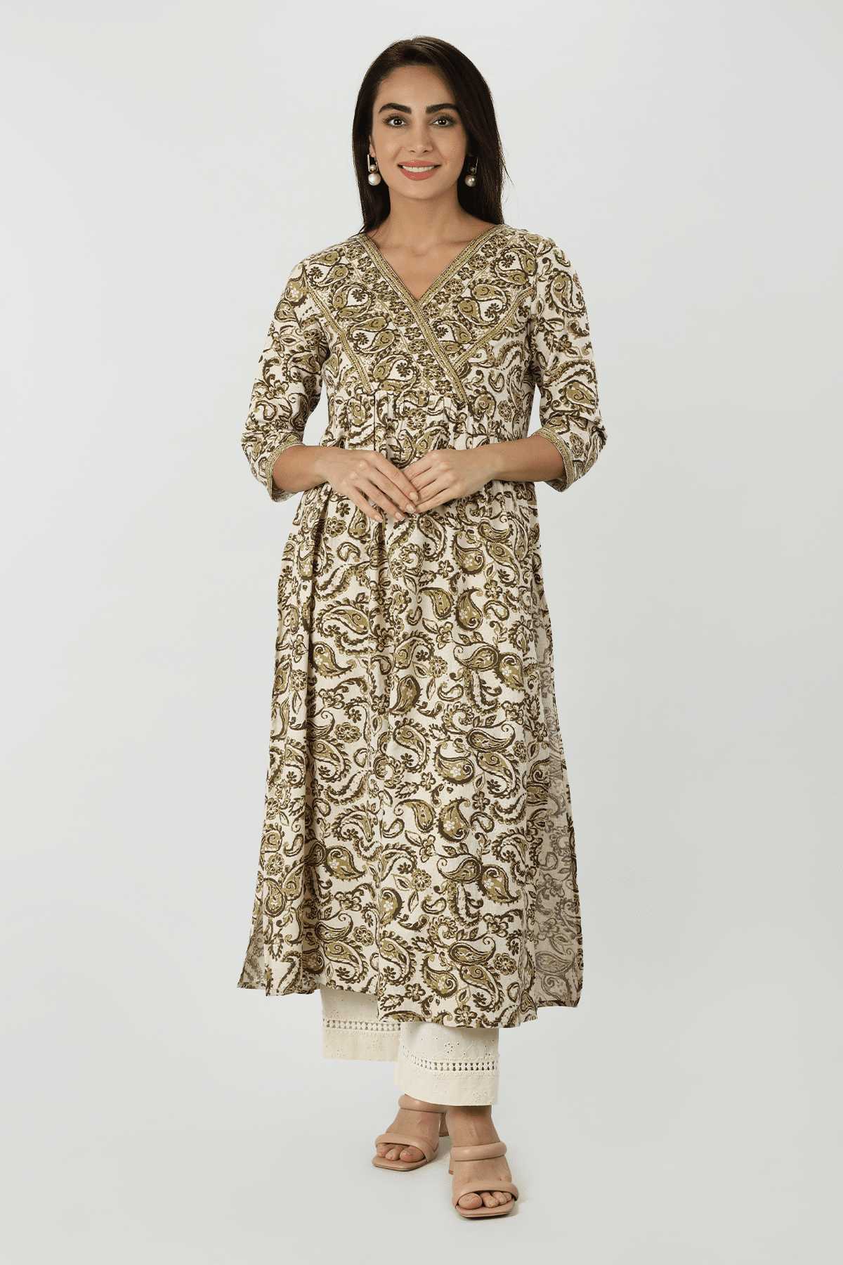 Printed Olive Green Long Cotton Kurta Ladies