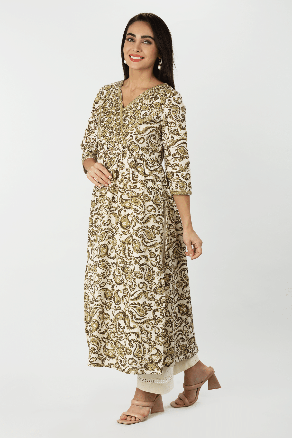 Printed Olive Green Long Cotton Kurta Ladies