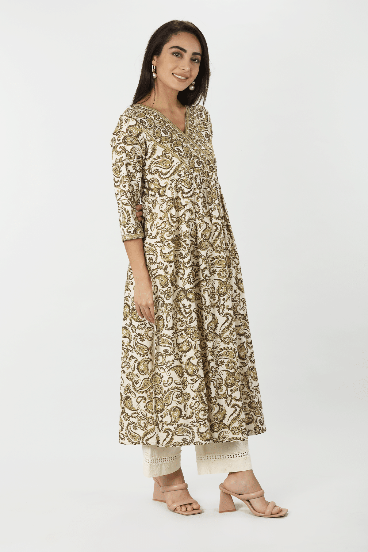 Printed Olive Green Long Cotton Kurta Ladies