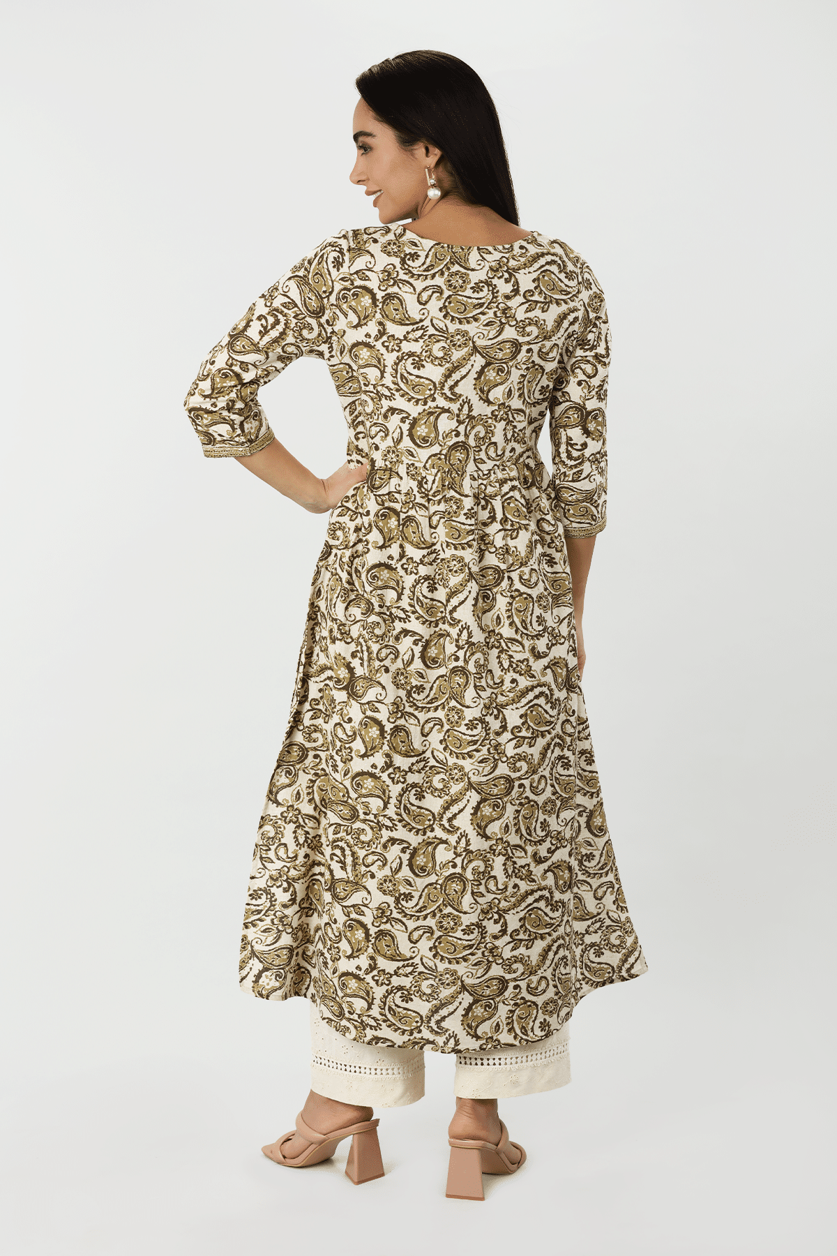 Printed Olive Green Long Cotton Kurta Ladies