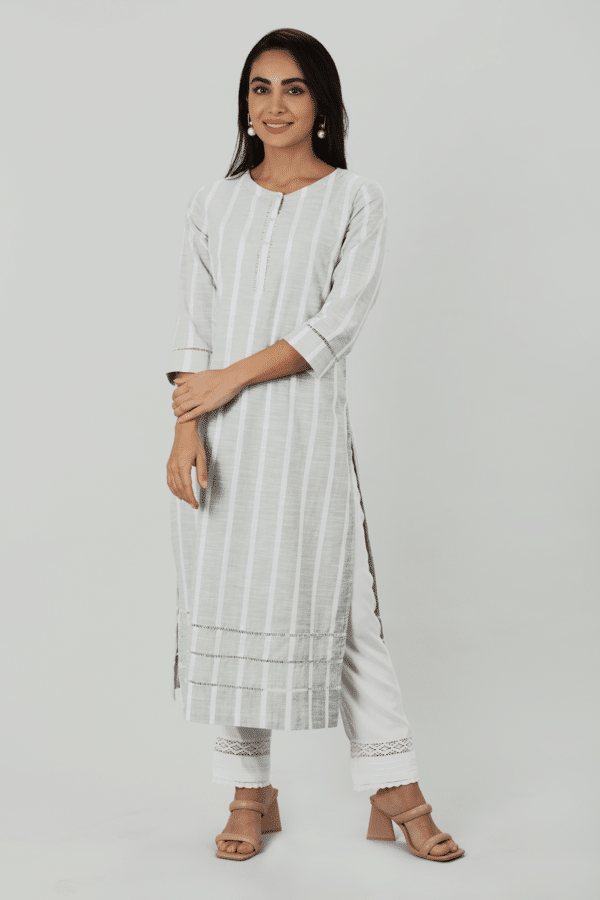 Striped Light Grey Kurta For Woman