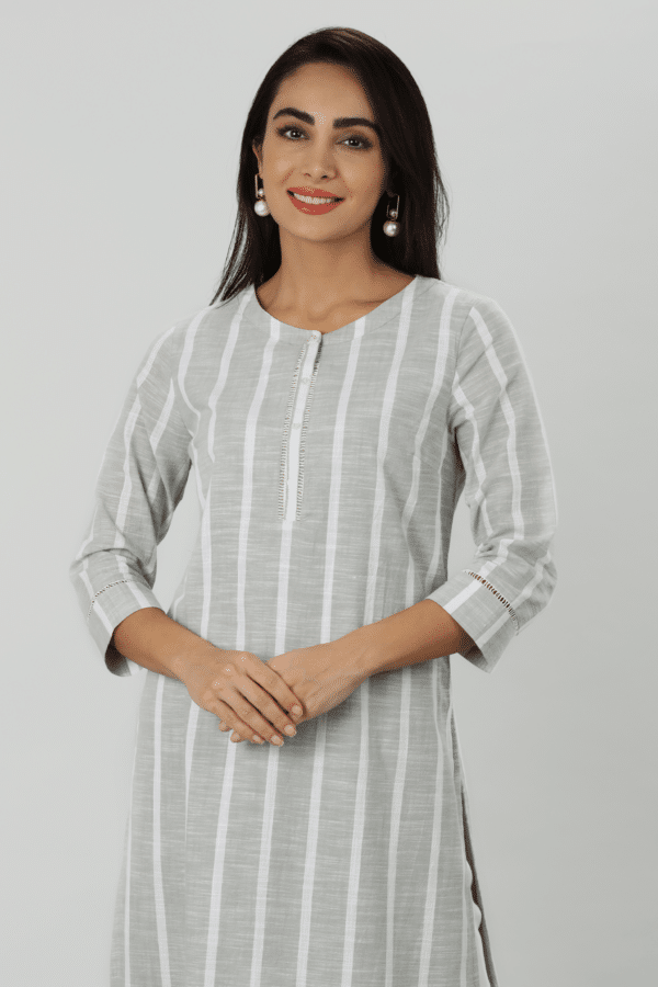 Striped Light Grey Kurta For Woman