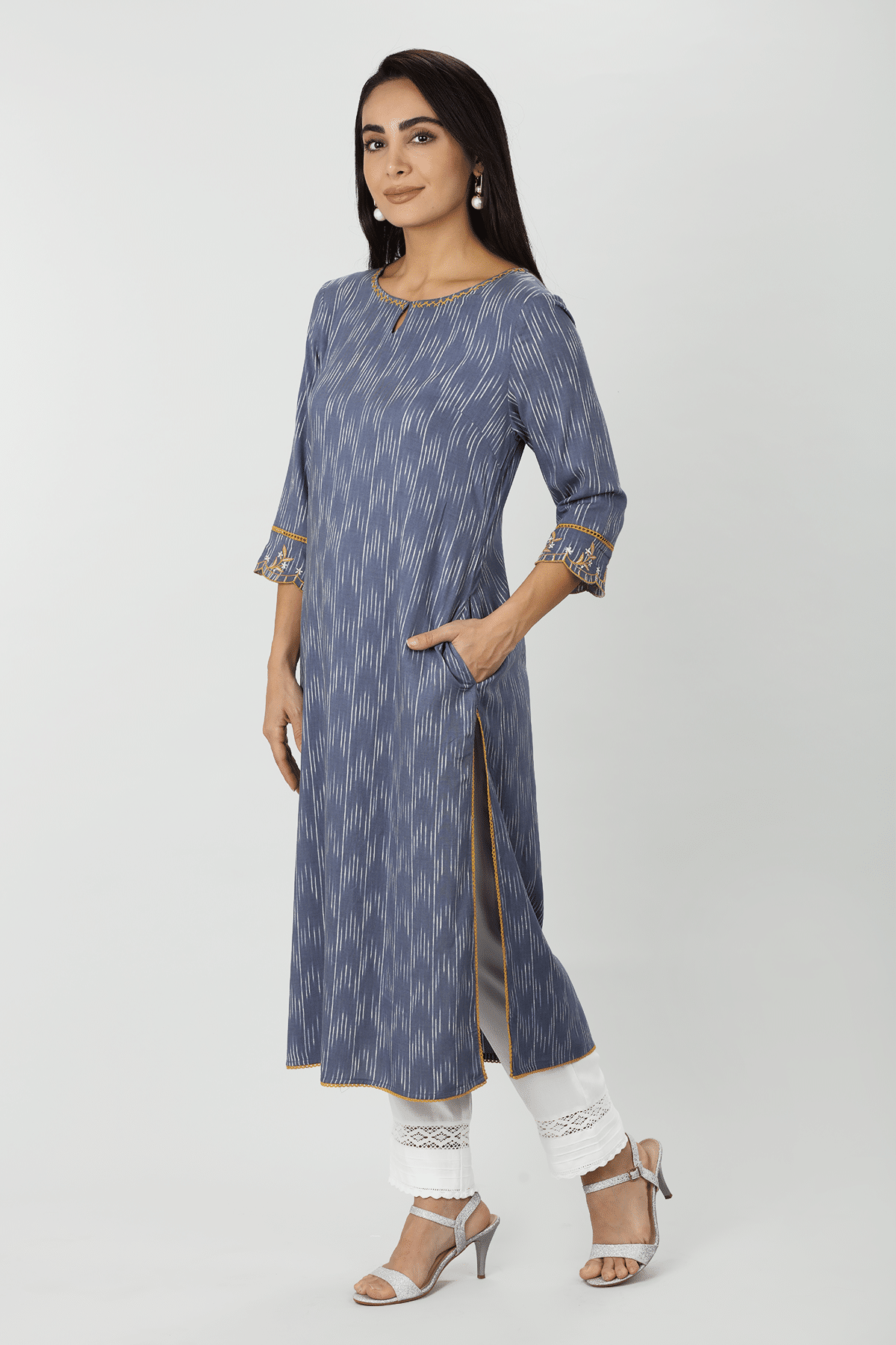 Blue Ikat Embroidered Kurti