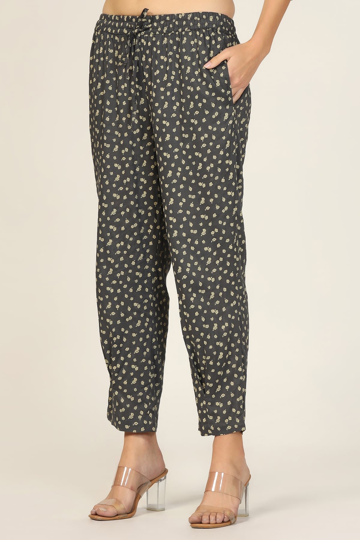 Dark Grey Printed Co Ord Pant For Women