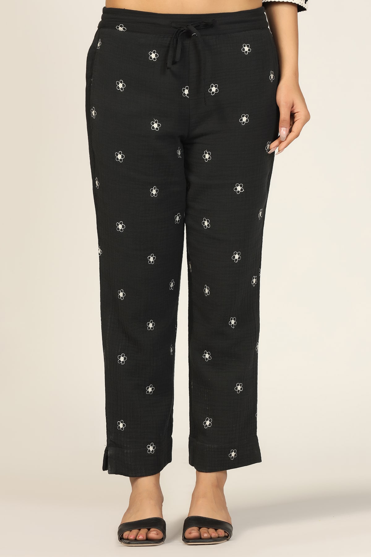 Embroidered Black Cotton Pants Women
