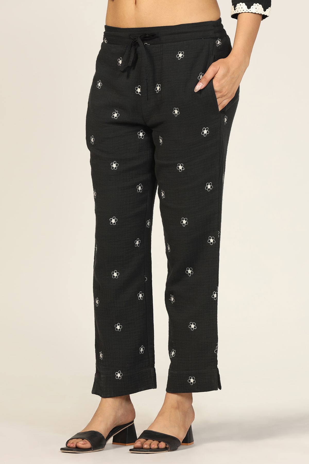 Black Cotton Double Cloth Embroidered Pants