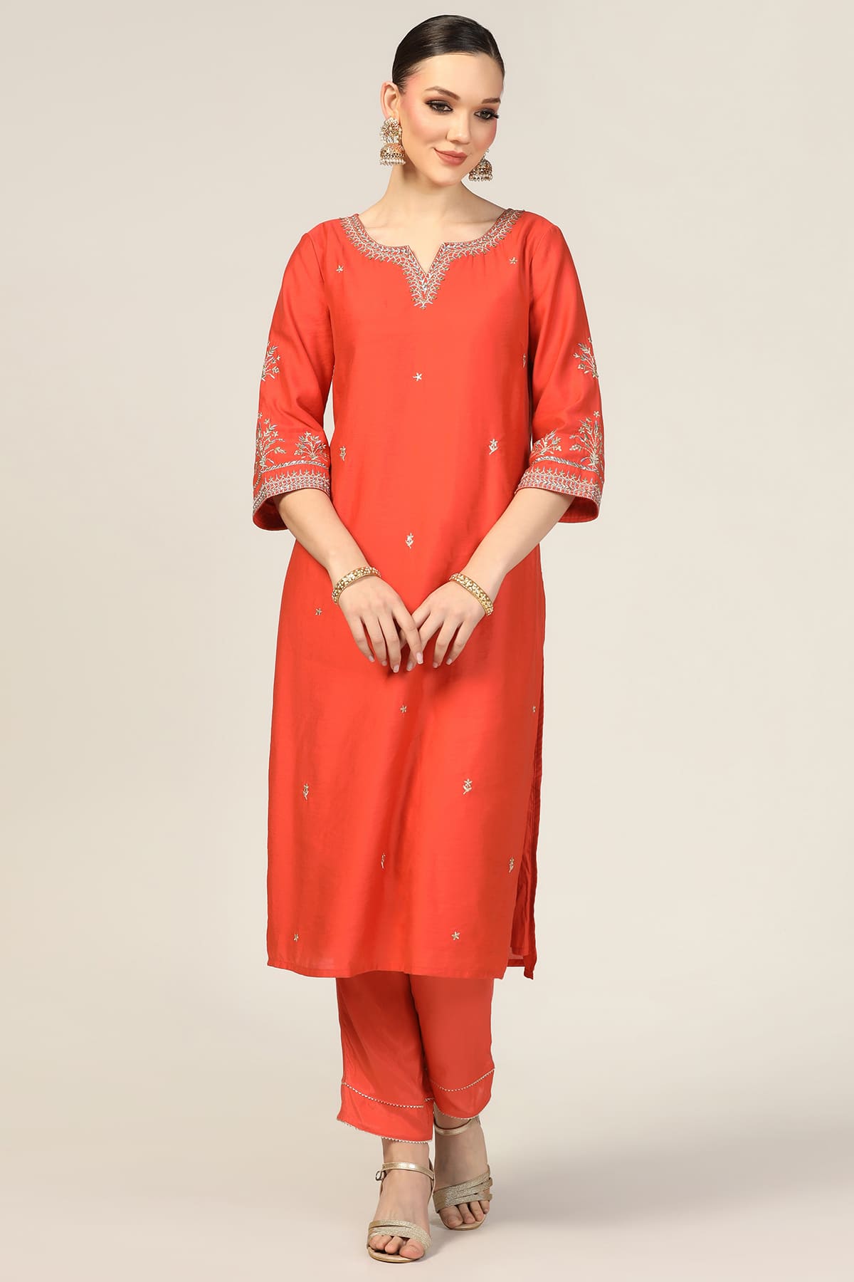 Orange Chanderi Embroidered Kurti - Image 3