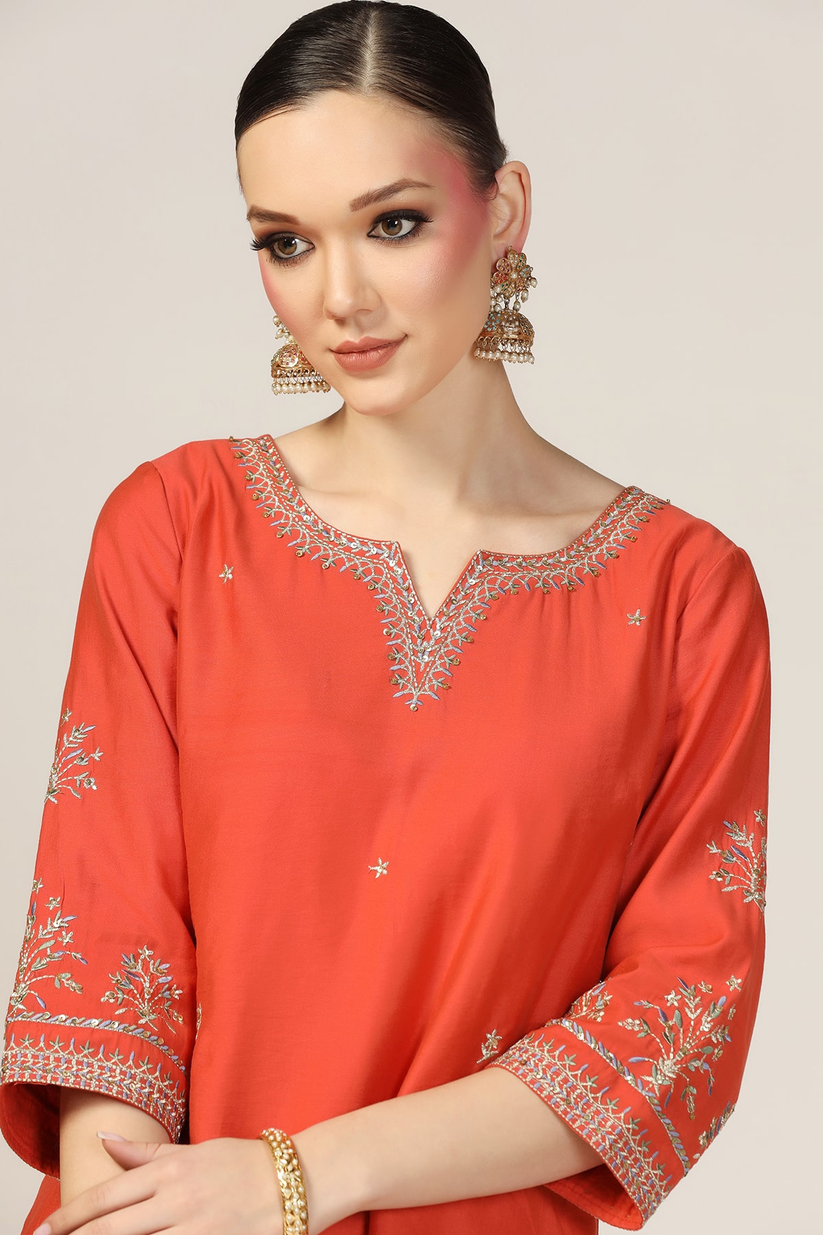 Orange Chanderi Embroidered Kurti - Image 2