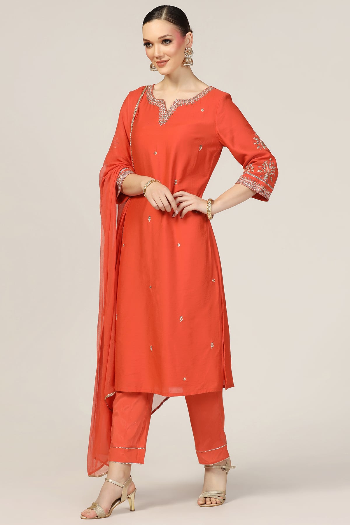 Orange Chanderi Embroidered Kurti - Image 4